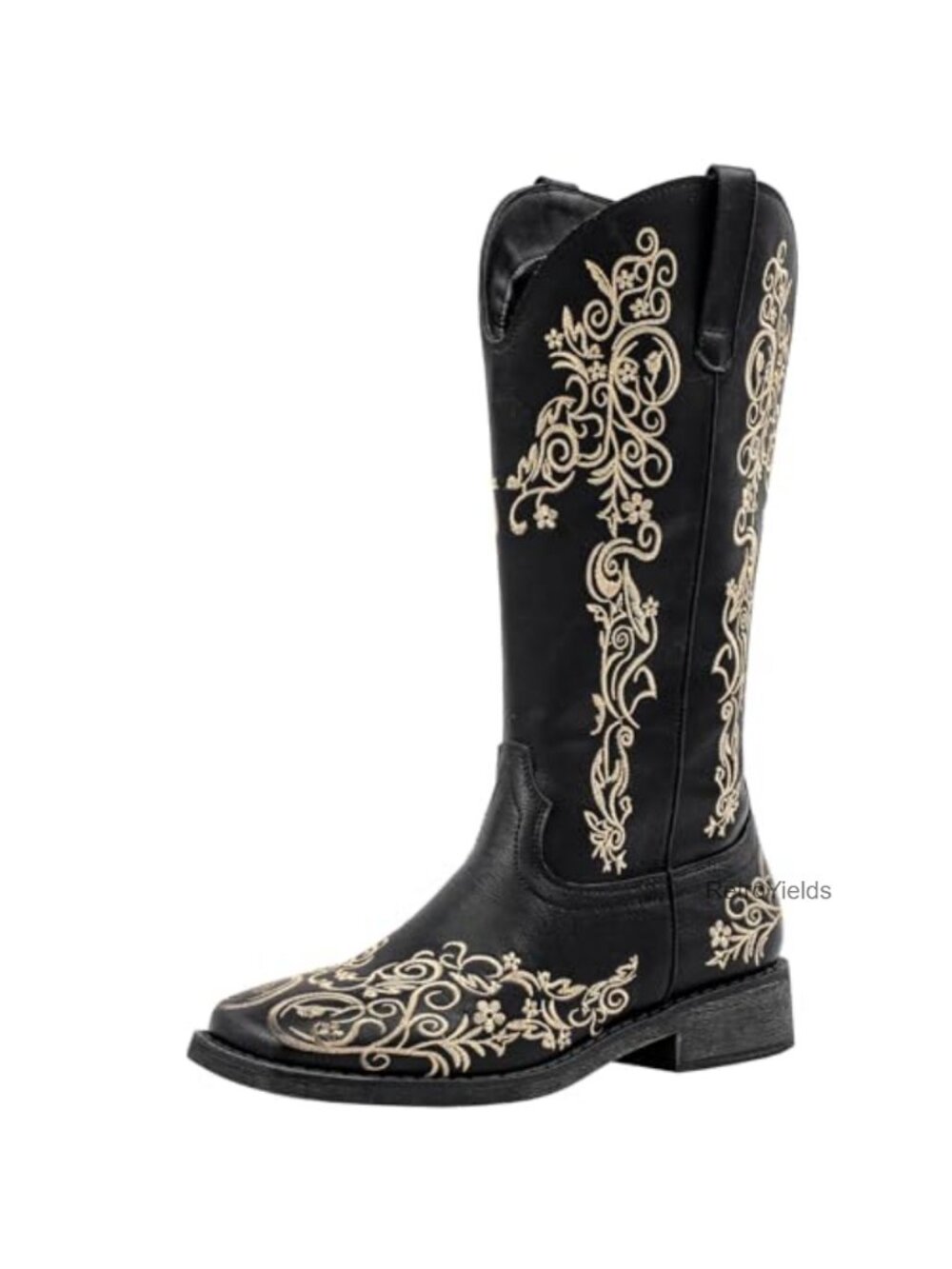 SheSole Women's Square Toe Western Boots Floral Embroidered Faux Leather